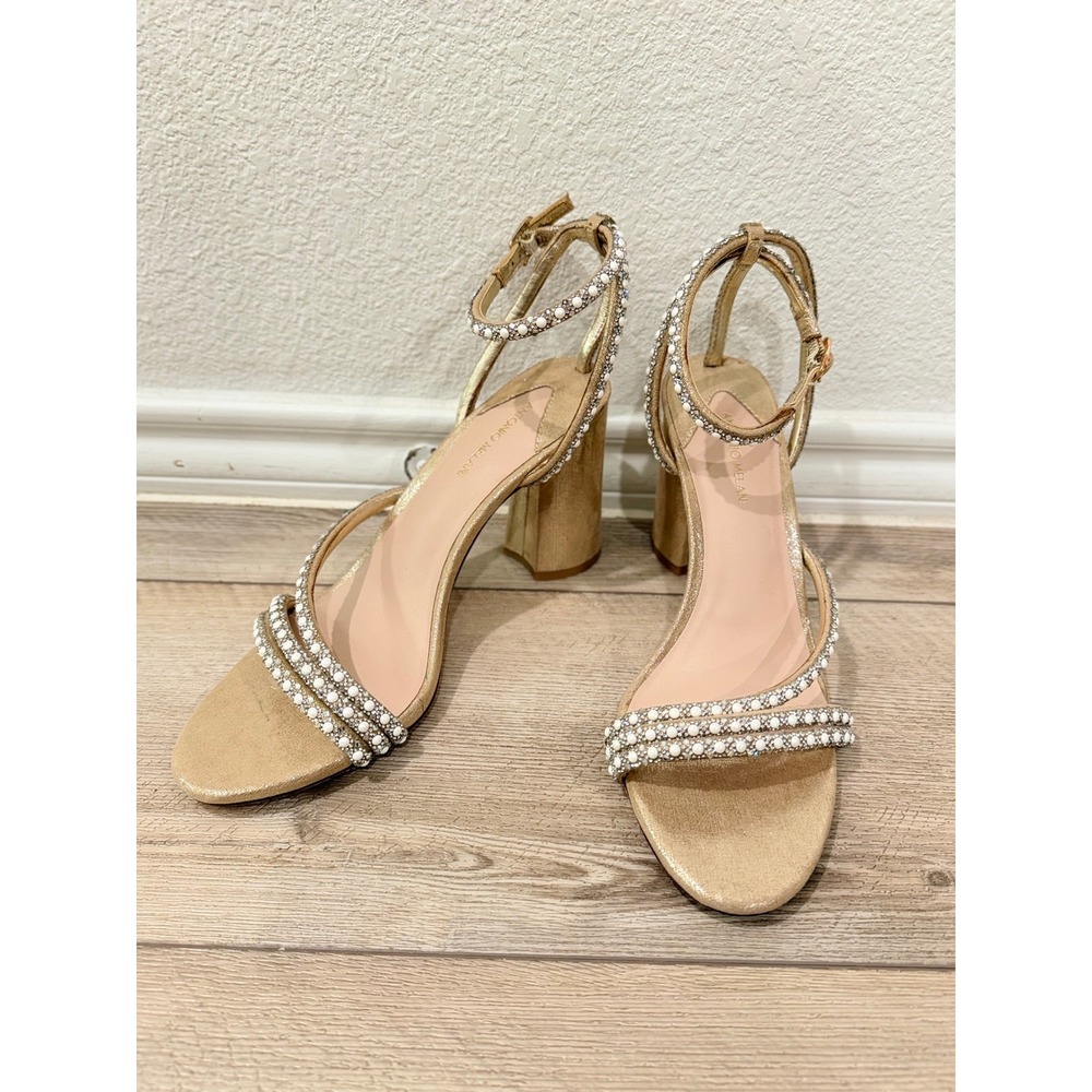 Antonio Melani Gold Block Heels Pearl Rhinestone Strappy Sandals 8M